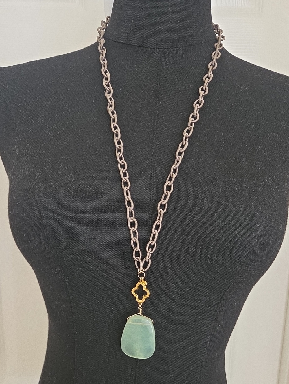 Long Pendant Necklace On Silk Cord with Aqua Green Stone & Gold Tone Quatrefoil
